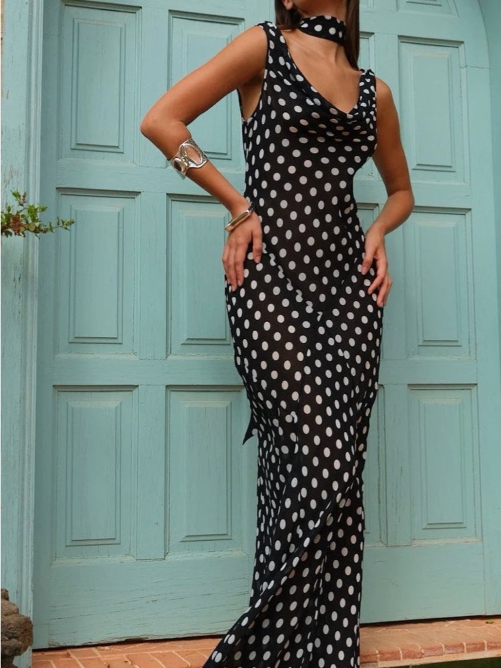 Black Polka Dot Maxi Dress with Cowl Neck and Neck Scarf